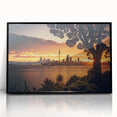 Large abstract wall art depicting Auckland's skyline in muted gray and blue tones on a framed acrylic.
