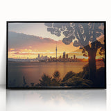 Large abstract wall art depicting Auckland's skyline in muted gray and blue tones on a framed acrylic.