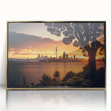 Large art print of Auckland skyline in muted gray tones on a framed acrylic, ideal for modern art wall decor.