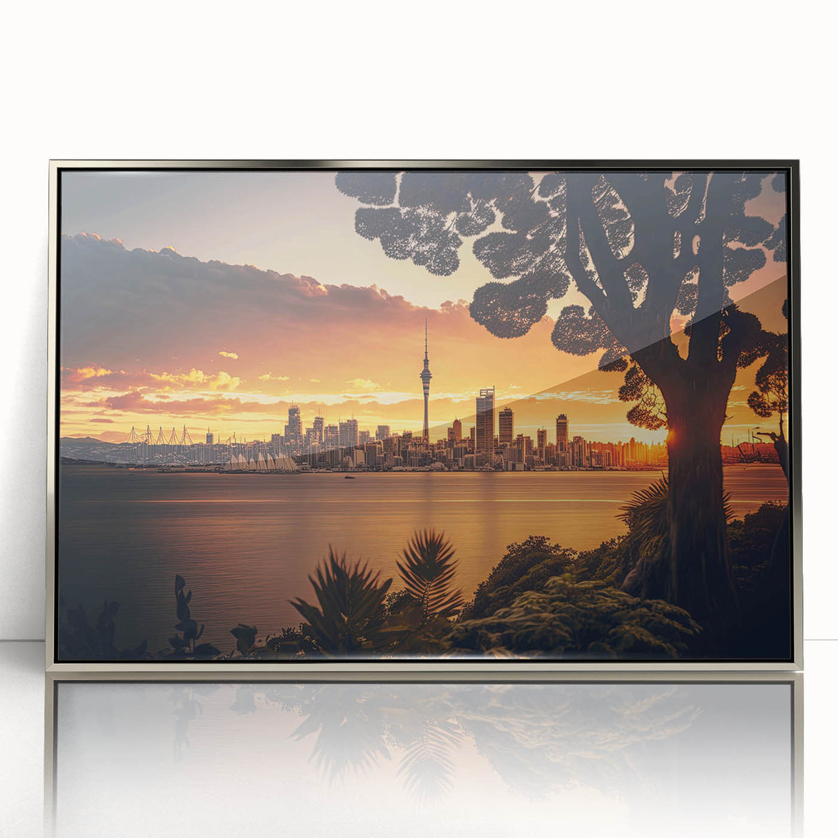 Mid-century modernist art of Auckland skyline in muted blues and grays on a framed acrylic print.