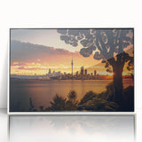 Art deco poster of Auckland skyline featuring muted blue and white tones on framed acrylic.