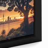 Extra large framed canvas of Auckland's skyline featuring textured, colorful art on a black background.