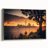 Framed canvas depicting a vintage-style Auckland landscape in black and gold tones, ideal for bedroom wall art.