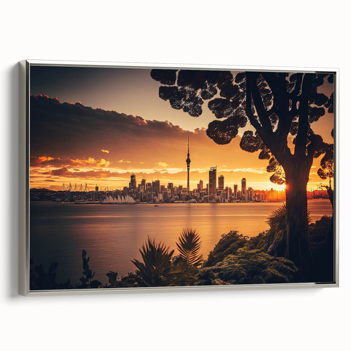 Framed canvas of Auckland landscape with vibrant colors, ideal for adding a colorful touch to a modern living space.