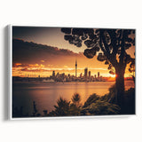 Vintage poster art of Auckland skyline in vibrant colors on extra-large framed canvas, suitable for living room decor.