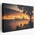 Panoramic view of the Auckland skyline in muted blues and greens on a stretched canvas, suitable for kitchen wall art.