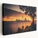 Panoramic view of the Auckland skyline in muted blues and greens on a stretched canvas, suitable for kitchen wall art.