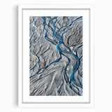 Abstract art print depicting the Canterbury, New Zealand landscape in muted blue and green tones on a white-framed canvas.