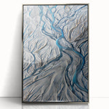 Mid-century modernist art depicting Canterbury, New Zealand landscape in muted earth tones on a silver-framed acrylic print.