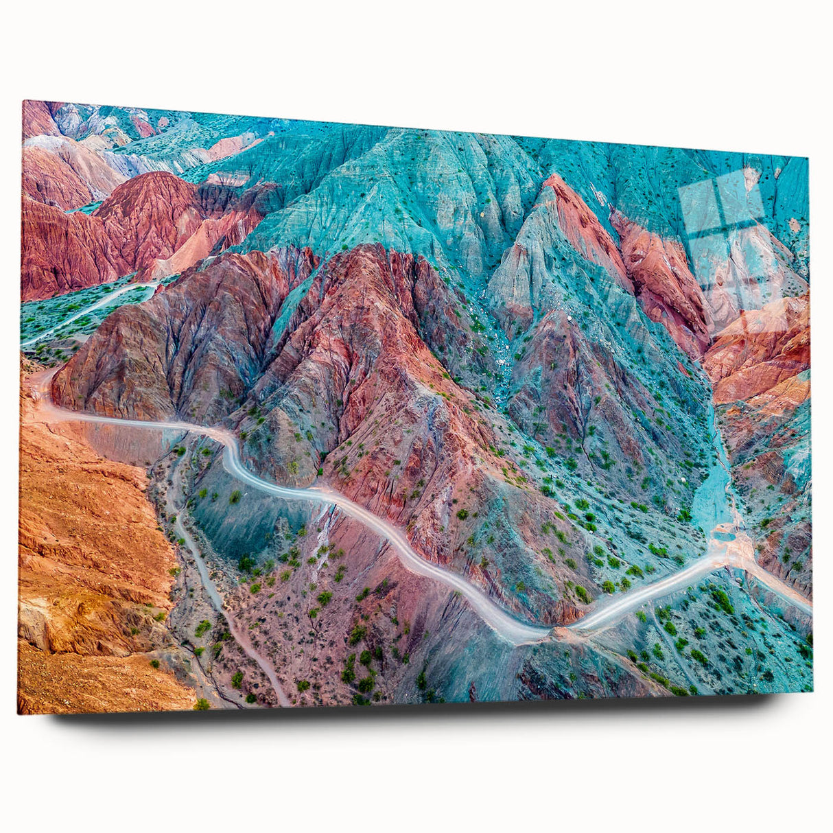 Large abstract depiction of an Argentine landscape in muted earth tones on acrylic glass.