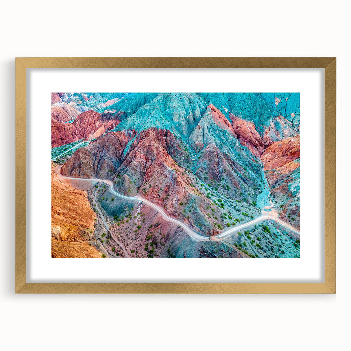 Extra large abstract art print of a textured Argentinian landscape in muted earth tones, framed in gold.
