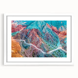 Abstract art print of a South American landscape in muted earth tones on a framed white mat, suitable for dining room decor.