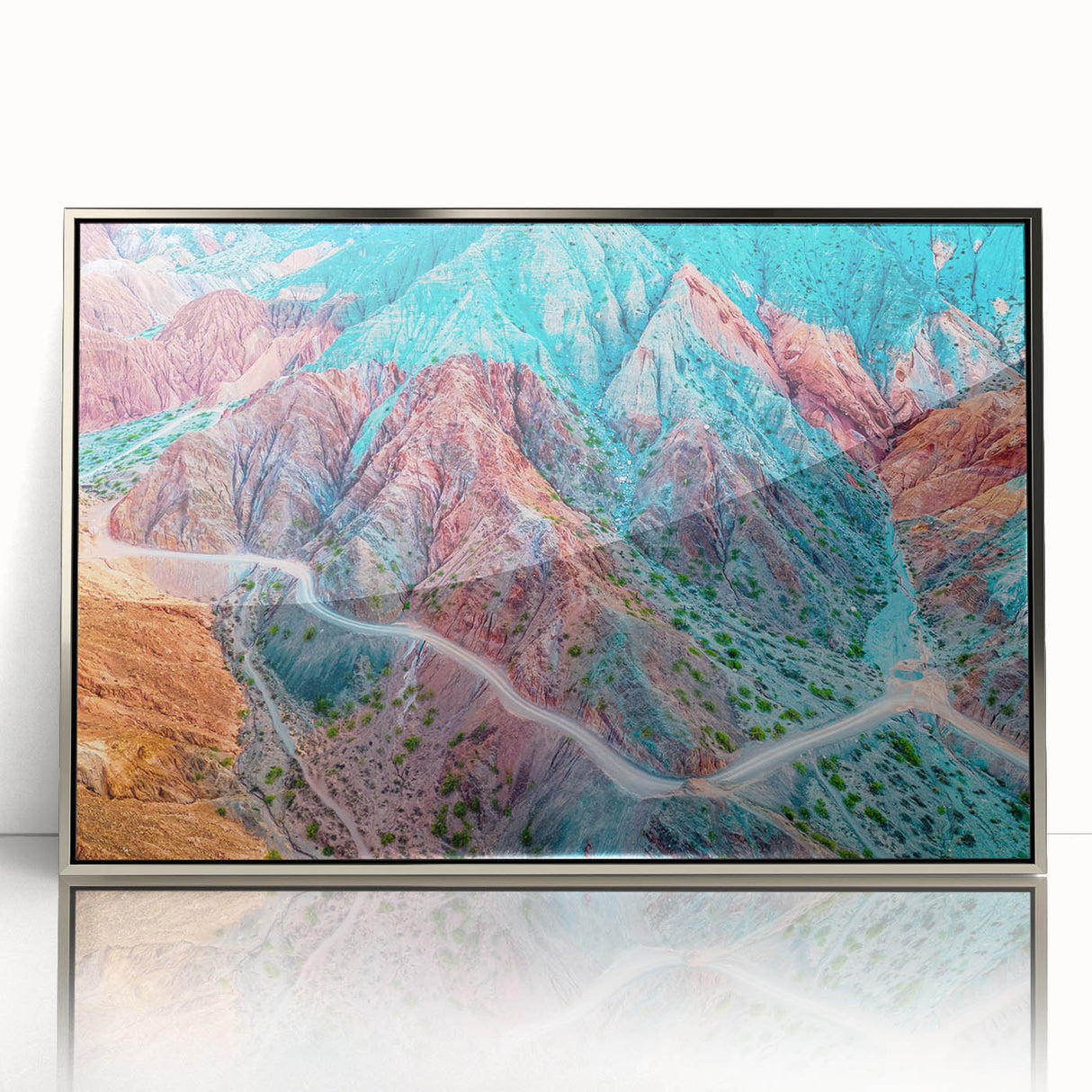 Mid-century modernist art of an Argentine landscape in muted earth tones, framed acrylic, suitable for nursery wall art.