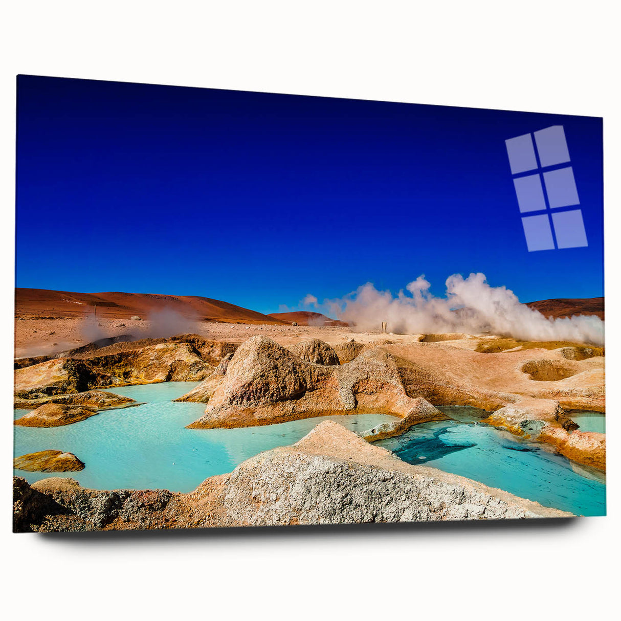 Large abstract depiction of a Bolivian landscape in muted earth tones on acrylic glass.