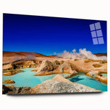 Large abstract depiction of a Bolivian landscape in muted earth tones on acrylic glass.