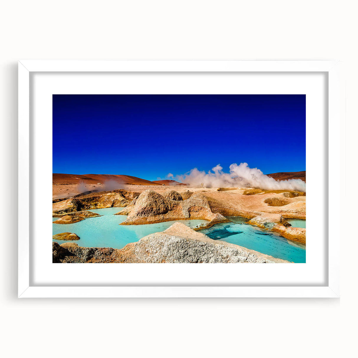 Abstract art print of a Bolivian landscape in muted earth tones, framed with a white mat.