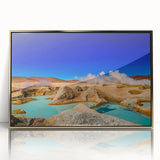 Mid-century modernist style acrylic print of a Bolivian landscape in muted earth tones, framed in gold.