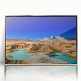 Mid-century modernist art of a Bolivian landscape in muted earth tones, framed in silver acrylic.