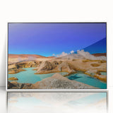 Art deco poster of a Bolivian landscape in muted earth tones, framed acrylic, ideal for modern art wall decor.