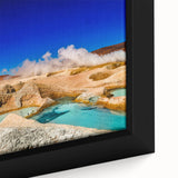 Extra large framed canvas featuring a textured depiction of a Bolivian landscape in black with colorful accents.