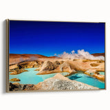 Framed canvas of a vintage-style Bolivian landscape painting in black and gold tones, ideal for bedroom wall art.