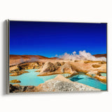 Landscape art painting of a Bolivian scenery on framed canvas, featuring vibrant colors and vintage poster style.