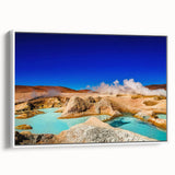 Vintage poster art of a scenic Bolivian landscape in vibrant colors on a large framed canvas, ideal for living room decor.