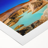 Art deco poster of a Bolivian landscape in muted earth tones on rolled canvas, suitable for dining room decor.