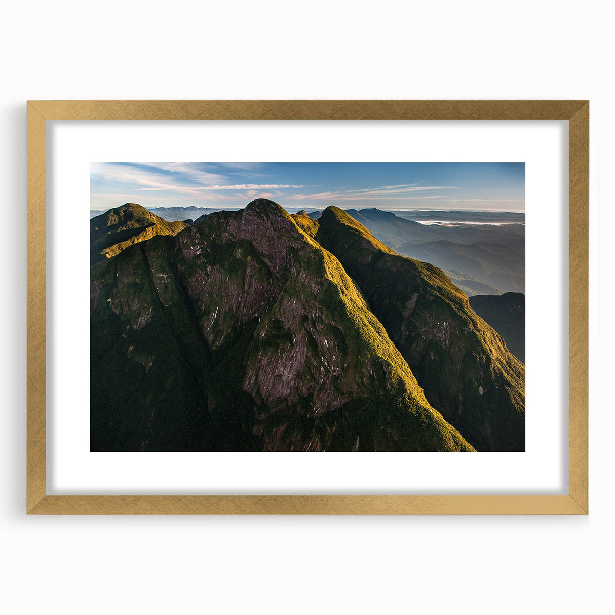 Extra large abstract art print featuring a textured representation of a South American scenery in gold frame.
