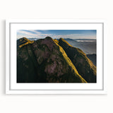 Abstract art print of a Brazilian landscape in muted earth tones on a framed white canvas, ideal for dining room decor.