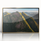 Large art print of a Brazilian landscape in mid-century modernist style, featuring muted earth tones on a framed acrylic.