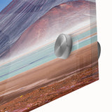 Large abstract wall art of a Chilean landscape in muted earth tones on acrylic glass, ideal for dining room ambiance.