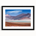 Extra large, colorful abstract art print of a textured Chilean landscape, framed in black, ideal for living room decor.