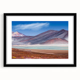 Extra large, colorful abstract art print of a textured Chilean landscape, framed in black, ideal for living room decor.