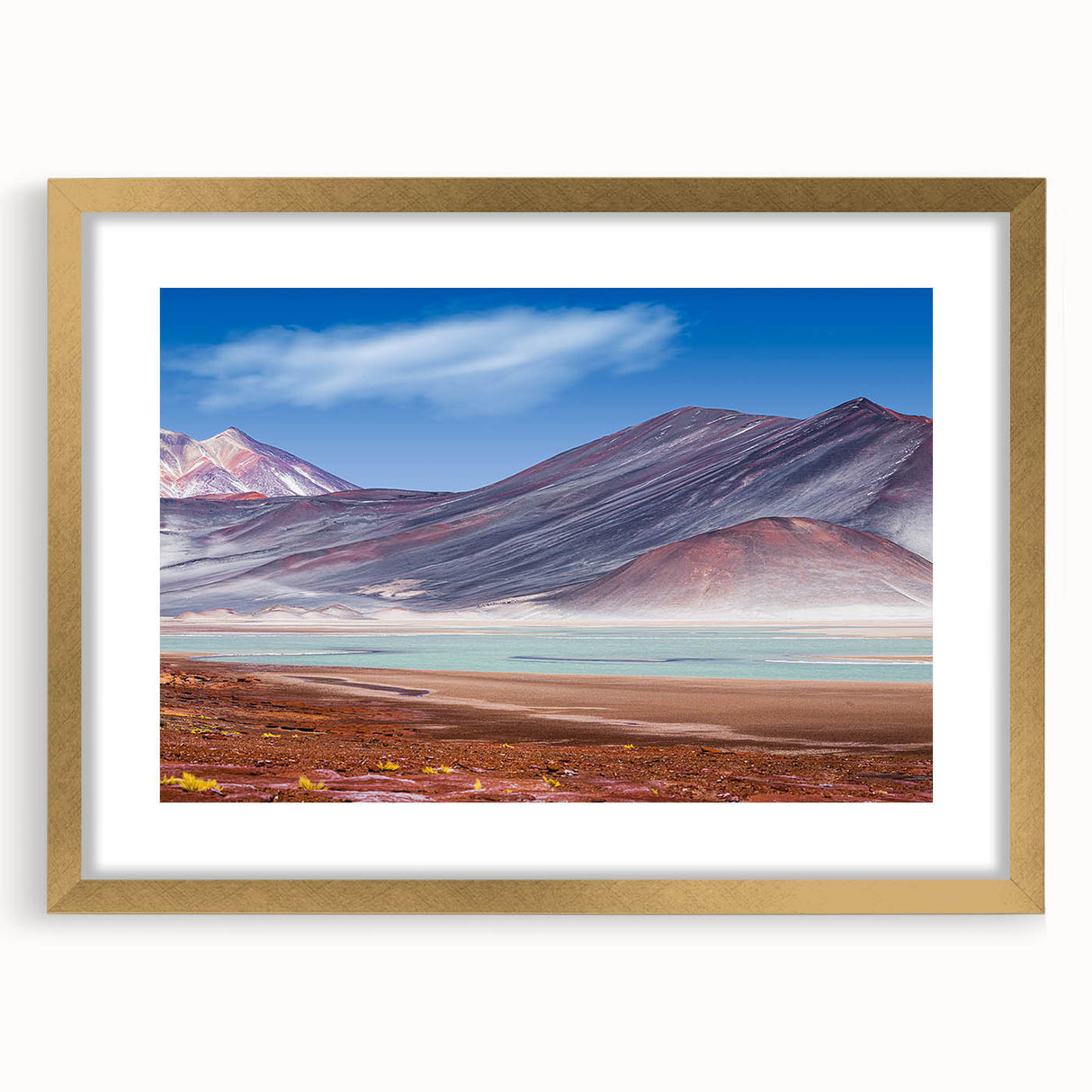 Extra large abstract art print of a textured Chilean landscape in muted earth tones, framed in gold.