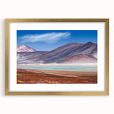 Extra large abstract art print of a textured Chilean landscape in muted earth tones, framed in gold.