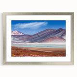 Textured abstract art print of a South American landscape in muted earth tones, framed in silver, suitable for bedroom decor.