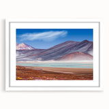 Abstract art print depicting a serene Chilean landscape in muted earth tones, framed with a white mat.