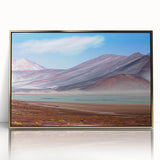 Framed acrylic print of a Chilean landscape in muted earth tones, ideal for modern art wall decor.