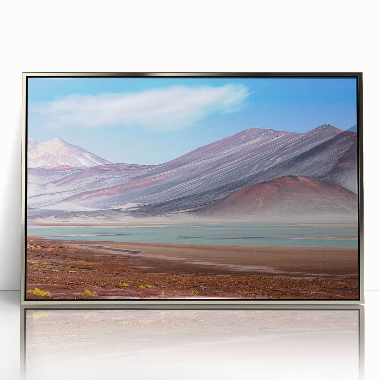 Mid-century modernist art depicting a serene Chilean landscape in muted earth tones, framed acrylic.