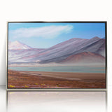 Mid-century modernist art depicting a serene Chilean landscape in muted earth tones, framed acrylic.
