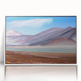 Framed acrylic print of a stylized art deco scene in Chile, featuring cool blue and gray tones.