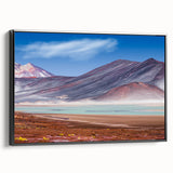 Black and white framed canvas featuring a vintage poster style landscape of Chilean scenery, suitable for bedroom decor.