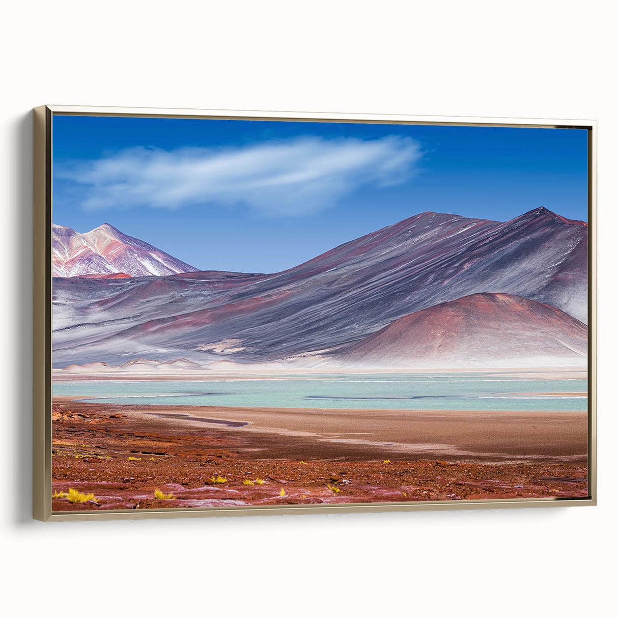 Framed canvas featuring a vintage-style landscape painting of a Chilean scenery in muted earth tones.