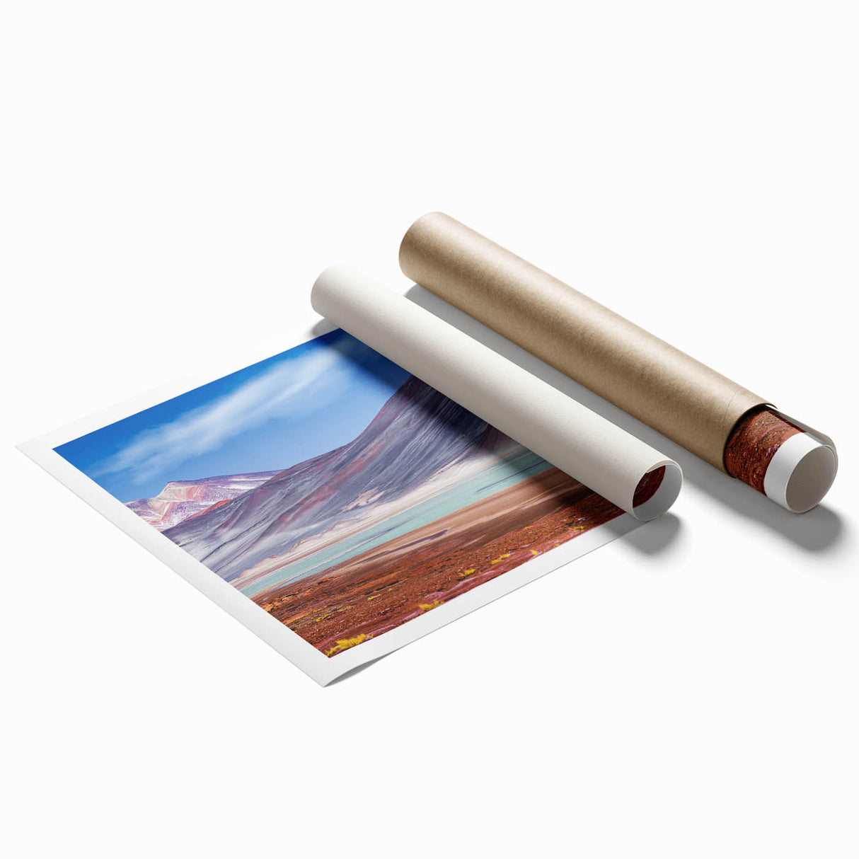 Extra large rolled print featuring a serene Chilean landscape with soft floral elements, ideal for classy bathroom wall art.