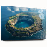 Large abstract wall art of a Galapagos scenery in vibrant blues and greens on acrylic glass.