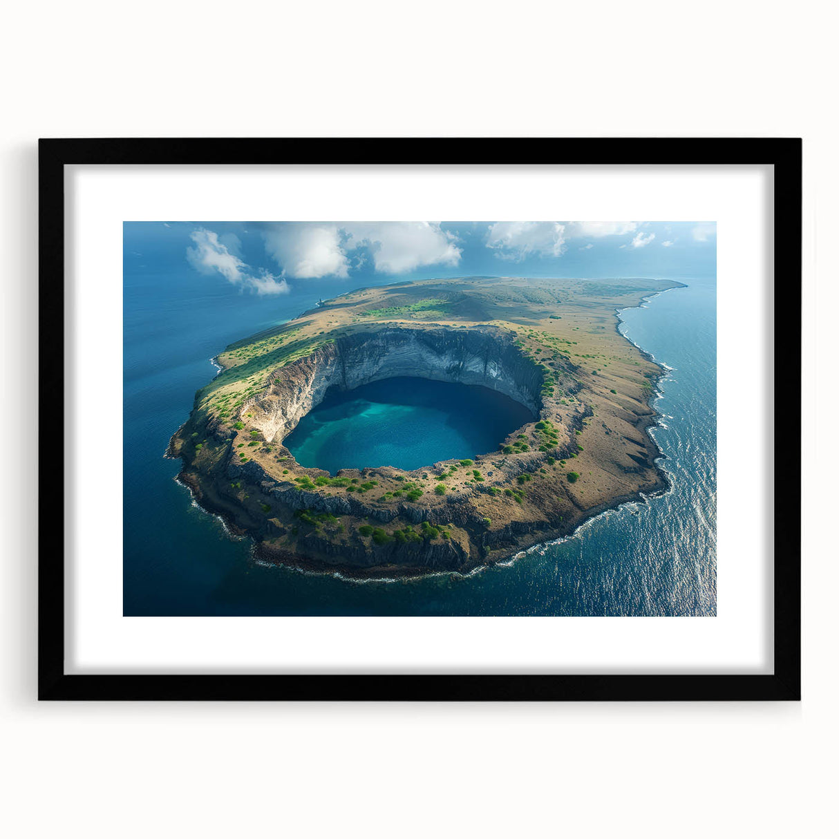 Colorful abstract art print of Galapagos scenery, featuring vibrant hues on a large framed canvas.