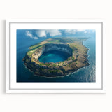 Abstract art print of Galapagos scenery in muted earth tones on a framed white mat, suitable for dining room decor.