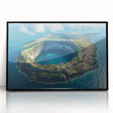 Large abstract wall art depicting a vibrant scene of the Galapagos in muted earth tones, framed in black acrylic.