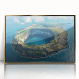 Framed acrylic print of a Galapagos landscape with earthy tones, ideal for modern art wall decor.